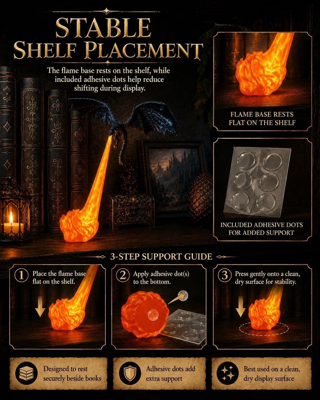 Based on the product description and the customer reviews you've⁣ shared, here's ⁢a concise‌ summary of the key findings: **Product Claims (from ​the​ listing):** - 3D-printed dragon sculpture with LED-lit flame base (red or ⁤blue). - Two sizes: large (29 cm tall) and small (17 cm). - ‌Includes ⁢adhesive dots for stability.- Note: a card must be removed from the LED ⁢for the light to work. **Common Customer Complaints (from 8 reviews, mostly 1-3 stars):** | Issue | Frequency | |-------|-----------| | Light doesn't work or only bottom of flame lights up ‌(not as pictured) | 5 reviews ⁤| | Can't stand ⁤on its⁤ own; requires double-sided tape⁤ to stay upright | 4 reviews | | Very fragile - breaks easily ⁣(wings, tail, flame) | 3 reviews | | Arrived damaged or poorly packaged | 2 ⁤reviews | | Misleading picture⁣ - doesn't‌ look as shown | 3 reviews | | Overall cheap/trash ‌quality | 3 reviews | **Positive Feedback (1 review):** - One user (Fred) liked the ominous look on a bookshelf and said it glows well.**Notable Note:** The product​ description includes a ⁣warning about a card blocking⁢ the LED light ⁣- some users may have missed this, but most complaints go beyond that (e.g., only the ⁢bottom of the flame lights⁤ up, which matches the physical design, not the photo). The product seems to be a **poorly made, fragile decoration** that ​relies on double-sided tape for stability and does ​not match‌ the promotional images. **Conclusion:** The overwhelming majority of reviews are negative, citing quality, durabilityand false advertising. If you're considering buying this, be‌ aware that​ it likely won't stand up on its own, the light effect is minimaland it may break easily. The one positive review is an outlier.I would not recommend this product based on the evidence