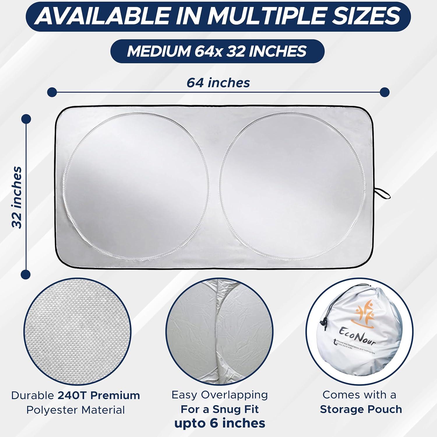 Based on the reviews and product summary you've shared, here's a quick assessment of the **EcoNour Car windshield Sun Shade**:
**Overall rating from reviews:** ⭐ 4.6 / 5 (mostly positive, with a few critical notes)
**Key Strengths (from real user feedback):**
- **Fits a wide range of vehicles** - confirmed working on BMW E46, Honda Odyssey, Volkswagen Poloand a truck (X-large).
- **Effective heat reduction** - multiple reviewers note the interior stays cooler.
- **Easy to install and fold** - the pop-open design and included storage pouch are praised.
- **Good coverage** - the overlapping design and extra material around edges help block sunlight completely.
**Common Concerns (based on negative review and general feedback):**
- **The rear view mirror strap is awkward** to use (mentioned by David).
- **One customer (Eduardo Costa) had a fitment issue** - because the shade is two circles connected, it didn't stay supported by the sun visors in a small car (size Small).
- **Long-term durability not yet proven** - most reviews are from 2022-2026, but none mention long-term wear.
**Verdict:**
- **Buy if:** You have a midsize or larger vehicle, want quick installationand need good sun blockage. The Medium or X-Large sizes seem to work well for sedans, SUVsand trucks.
- **Skip if:** You have a very small car with narrow windshield depth (like a compact hatchback) or you prefer a shade that stays up via suction cups or visor clips rather than tension/overlap design.
If you're looking for a specific recommendation based on your car model, let me know and I can help you pick the right size